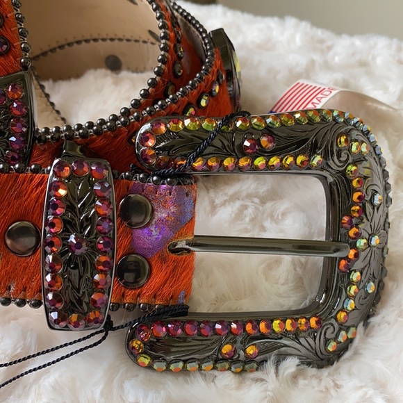 B B Simon crystals & metallic painted cowhair belt main image 7